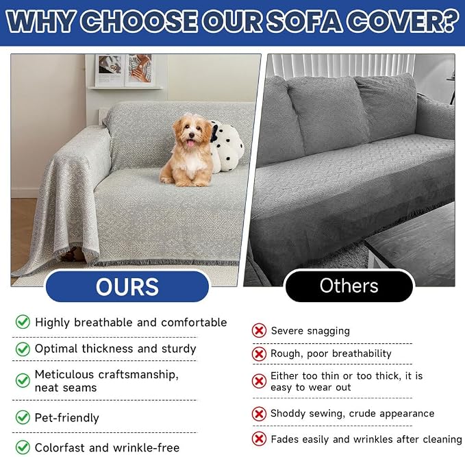 ROOMLIFE Gray Couch Cover Boho Sofa Covers for 3 Cushion Couch Washable, Furniture Protector Sofa Couch Cover for Dogs, Soft Breathable Sofa Slipcover, Couch Throw Blankets with Tassels 71''X134'' - Image 4