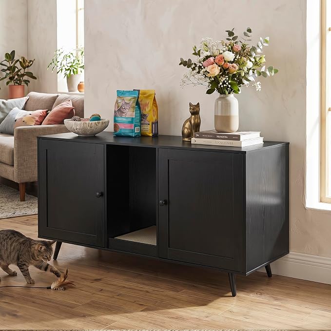 Tangkula Double Cat Litter Box Enclosure, Large Hidden Wooden Cat Cabinet for 2 Cats with Scratching Pad, Double Rooms, Versatile TV Stand Side Table for Indoor Living Room - Image 2