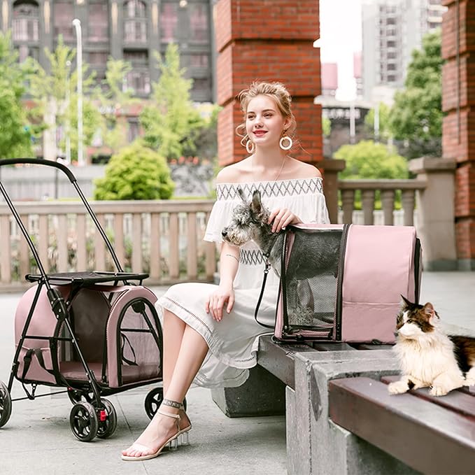 Double Pet Stroller for Dogs and Cats with 2 Detachable Carrier, Quick-Folding Dog Stroller for Medium Small Dogs Cats, 4 Wheels, Light Pink