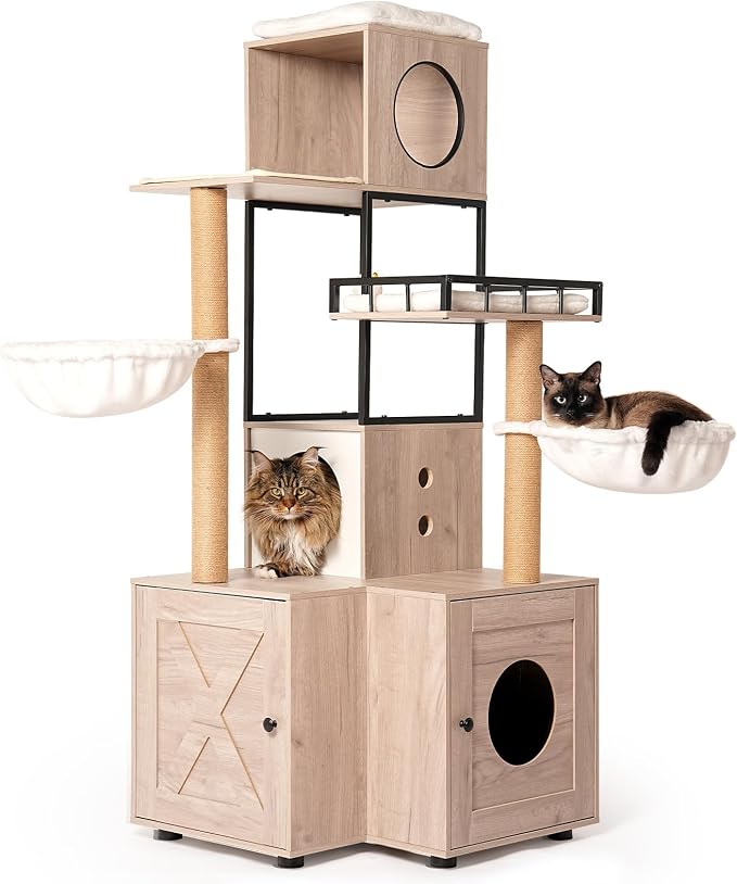 Cat Tree with Litter Box Enclosure, 63" Multi-Functional Cat Tree with Litter Box - Includes Removable Washable Cushion, Scratching Posts & Toy Hanger, Modern Design, Rustic Gray - Image 5