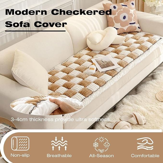 Fuzzy Couch Cover for Dog, Modern White Khaki Checkered Couch Cushion Cover | Non Slip Couch Cover for 2 Cushion Couch Sofa Pet Friendly, Washable Sofa Cover Durable Anti-pilling Furniture Protector - Image 3