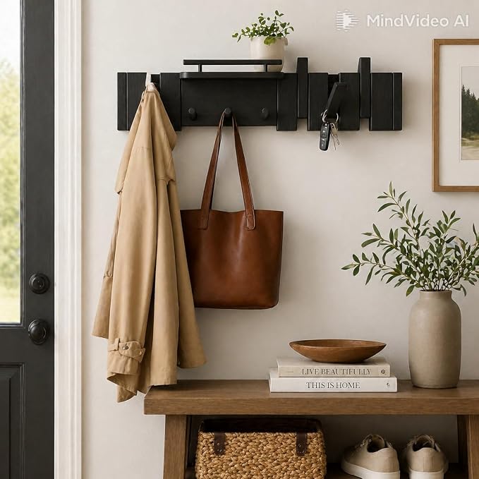 Mid Century Modern Wood Coat Rack Wall Mount with Shelf, 7 Hooks, Black | Wood and metal wall rack with fold-down piano-key hooks and display shelf organizes coats, bags, keys and decor up to 25 lb - Image 8