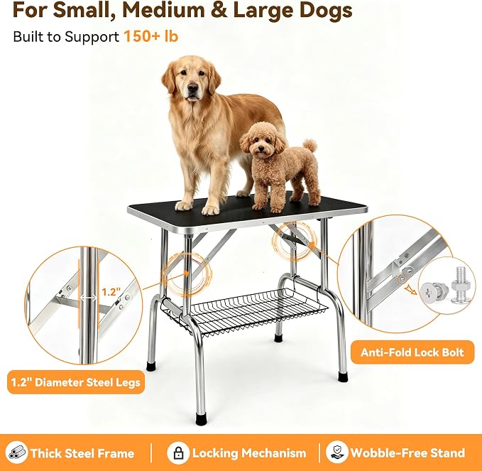 36" Foldable Dog Grooming Table with Adjustable H-Frame Arm & 2 Nooses, Heavy-Duty Stainless Steel Frame, Non-Slip Top, Tool Caddy and Mesh Tray, Black - Image 3