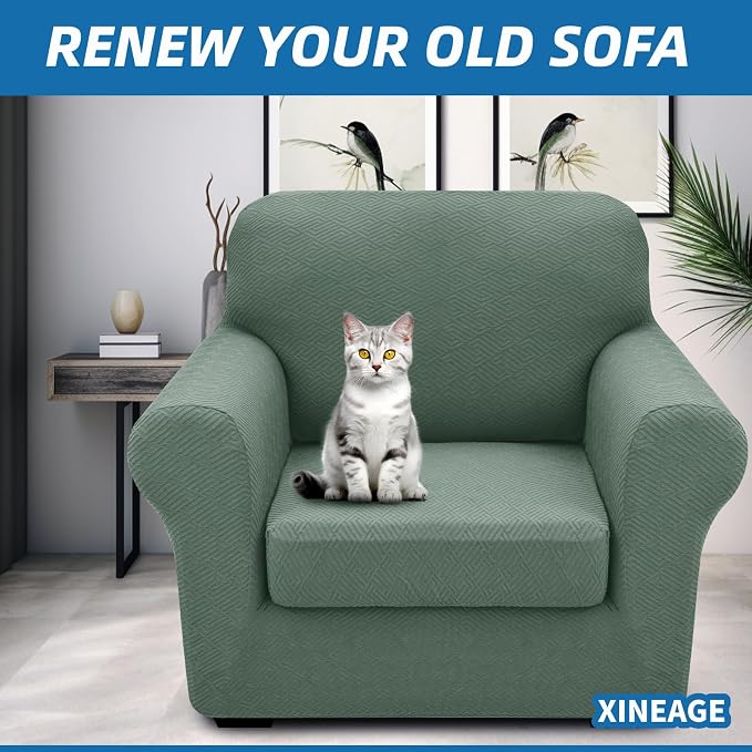 XINEAGE New 2 Pieces Chair Covers with Arms Super Stretch Chair Slipcover for Living Room Pet Dog Universal Slip Cover Anti Slip Armchair Furniture Protector (Pea Green), 31"-46"(1 Cushion) - Image 4