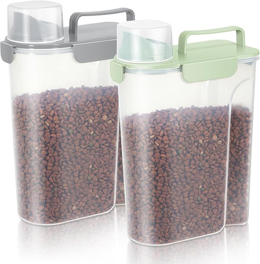 LEAWALK Cat Dog Food Storage Container Upgraded Large Nozzle, BPA-Free 5Lbs/6Qt/5L Plastic Pet Food Storage Container With 4 Sealed Clasps and Handle, Easy to Clean and Carry-2 Pack Gray+Green by LEAWALK
