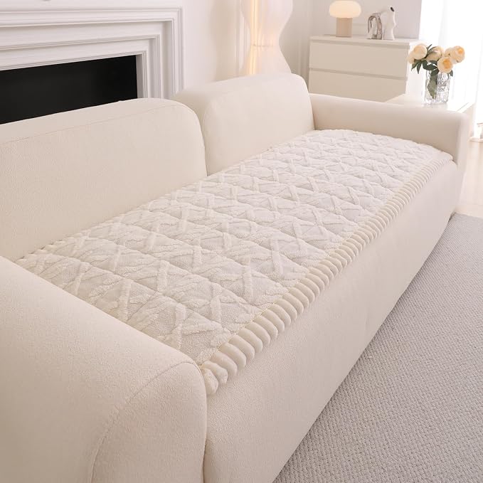 DREAMINGO Fuzzy Pet Couch Cover with Geometric Jacquard, Washable & Non-Slip Sofa Covers for 3 Cushion Couch, Plush Dog Bed Mat for Sofa Cushion Protector 27.6x82.7 Inch, White by DREAMINGO