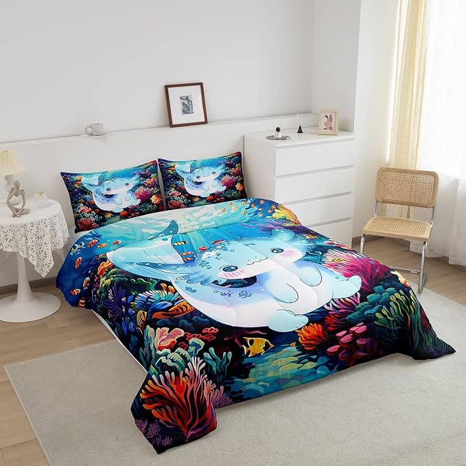 Manfei 3D Print Axolotl Twin Size Comforter Set,Cute Blue Ocean Animal Salamander Quilt Set Soft Bed Collection,Watercolor Undersea Coral Seaweed Bedding Comforter for Kids Teens Girls,2 Pcs - Image 3