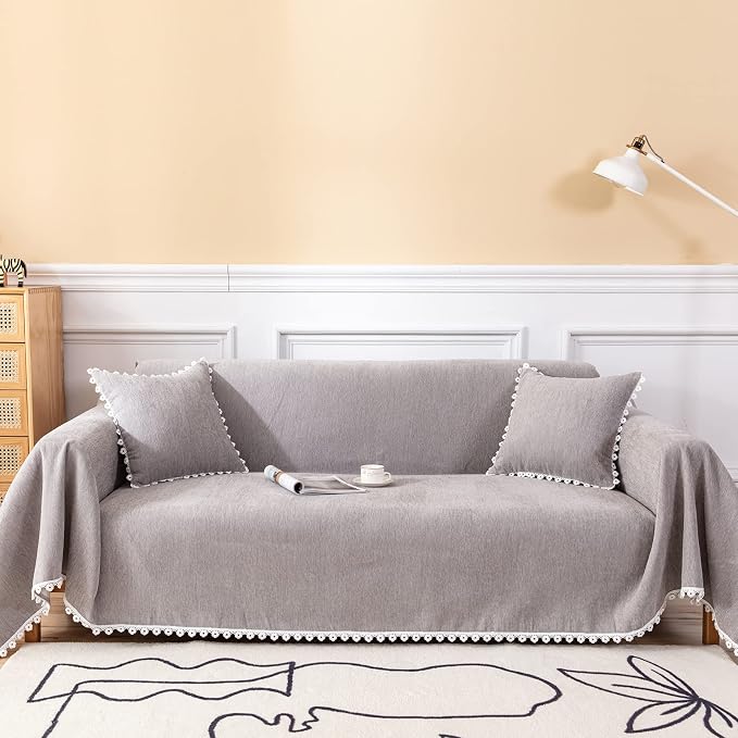 VClife Oversize Couch Cover Washable Sofa Cover for Dog Cat, Soft Chenille Couch Cover for 3-4 Cushion Couch Sofa Pet Friendly Slip Cover Furniture Protector for Home Living Room, Gray, 71"X150" by VCLIFE