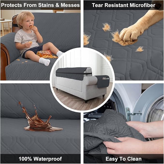 100% Waterproof Couch Cover,Straps&Pockets,pet Friendly,23" Gray | Washable sofa cover, pet-friendly, scratch-resistant furniture protector, quilted sofa cover, reversible, non-slip backing. - Image 3