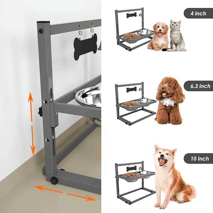 SHAINFUN Elevated Dog Bowls - Raised Stand with 2 Stainless Steel Bowls, Adjustable Height Feeder for Small and Medium Dogs, Puppies, Cats - Grey - Image 4