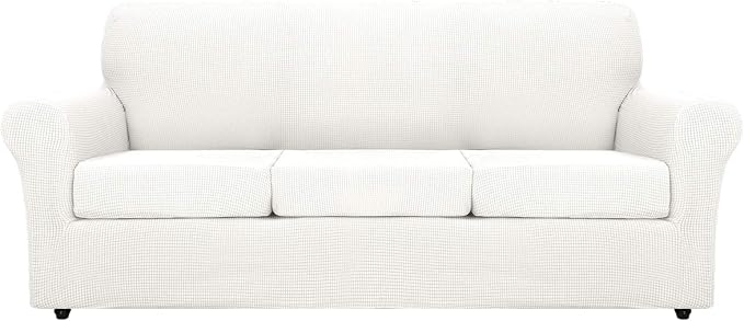MAXIJIN 4 Piece Couch Covers for 3 Cushion Couch Super Stretch Sofa Cover for Dogs Pet Proof Fitted Furniture Protector Spandex Jacquard Non Slip Magic Couch Slipcover Washable (Extra Large, White) by MAXIJIN