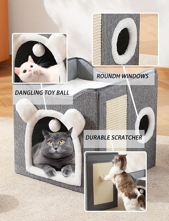 Cat Bed for Indoor Cats Foldable Cat Houses with Fluffy Ball and Scratch Pad Large Cat Cave Green Cat Hideaway - Image 3