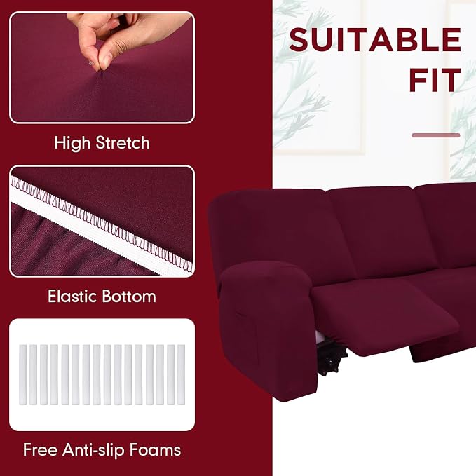 Peryiter 7 Pcs L Shape Sectional Recliner Sofa Covers 5 Seat Sectional Couch Covers Milk Silk Velvet Stretch Reclining Sofa Slipcover Furniture Protector for Living Room(Wine Red,Milk Silk) - Image 6