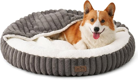 Dog Bed with Hooded Blanket, Round Fluffy Anti-Anxiety Pet Bed for Small Dogs & Medium Dogs, Cozy Donut Cuddler with Machine Washable Faux Fur & Anti-Slip Bottom(26"×26"×7",Grey) by COZYKISS