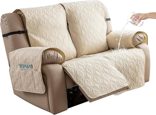 Genina Waterproof Loveseat Recliner Cover Non-Slip, Sofa Cover for Reclining Couch 2 Seat, Washable Couch Cover Loveseat Furniture Protector Cover for Pets Dogs Kids(Beige, Recliner Loveseat) by Genina
