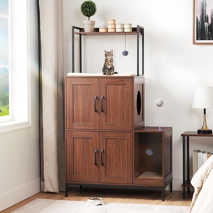 HOOBRO Litter Box Enclosure, Litter Box Furniture with Storage, 2-in-1 Hidden Cat Furniture with Shelf, 2 Dangling Plush Balls and 1 Toy Ball, Large Wooden Cat Washroom, Walnut WL78MW01 - Image 2