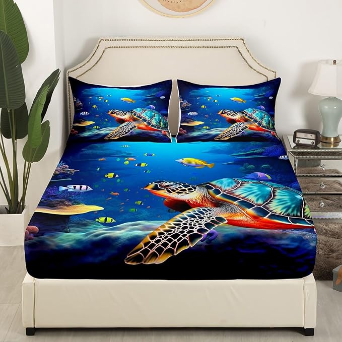 Coastal Beach Theme Kids Printed Sheet Set King Deep Pocket,Sea Turtle Sheets & Pillowcases, 3 Pieces Ultra Soft Fish Summer Cool Microfiber Bed Sheets+Reptile Flat Sheet+ Ocean Fitted Sheet - Image 3