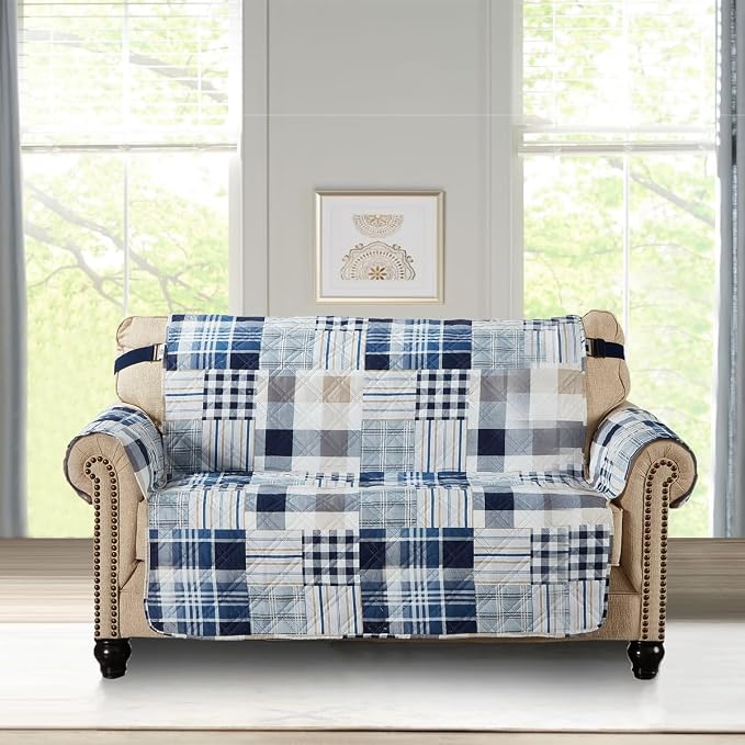 Brilliant Sunshine Blue Plaids & Stripes Loveseat Cover, 54" seat | Patchwork Design, Non Slip Sofa Cover, Quilted Furniture Protector, Large Washable Love Seat Slipcover for Pets, Dogs - Image 5
