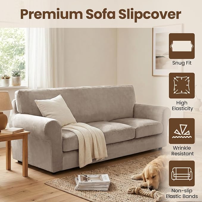 XINEAGE 3-Piece Velvet Loveseat Sofa Cover, Couch Covers for Dog,Khaki | 2 Cushion Loveseat,Stretch Non-slip Elastic, Pet-friendly, Washable, Fast Setup, Soft Plush Fabric, Furniture Protector. - Image 2