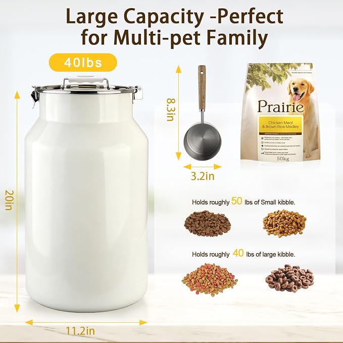 Dog-Cat Food Storage Container 40 lb/38 Qt, Large Stainless Steel Pet Food Bin with Airtight Lid & Scoop Included, Durable 304 Metal Storage for Dogs & Cats - Image 2