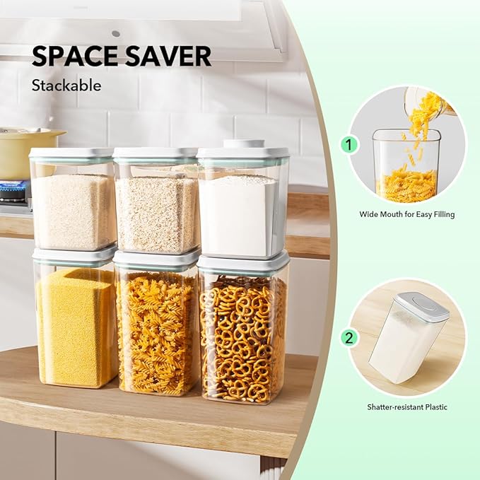 Food Storage Container Set 2.8 Qt ×2 with Lids, Airtight Pantry Canisters, BPA-Free Plastic Flour Sugar Storage Containers, One-Touch Press-to-Open Lids, Stackable Clear Jars for Rice, Cereal, Coffee - Image 4