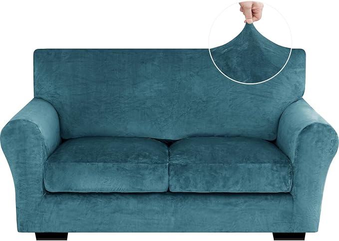 XINEAGE 3-Piece Velvet Loveseat Sofa Cover,Couch Cover for Dog,Peacock Blue | 2 Cushion Loveseat,Stretch Non-slip Elastic, Pet-friendly, Washable, Fast Setup, Soft Plush Fabric, Furniture Protector. by XINEAGE