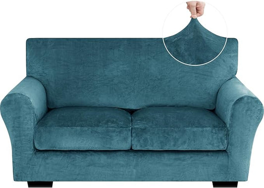 XINEAGE 3-Piece Velvet Loveseat Sofa Cover,Couch Cover for Dog,Peacock Blue | 2 Cushion Loveseat,Stretch Non-slip Elastic, Pet-friendly, Washable, Fast Setup, Soft Plush Fabric, Furniture Protector. by XINEAGE