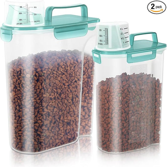LEAWALK 2Pack Cat Dog Food Storage Container with Upgraded Large Nozzle BPA-free, 3+5lbs Plastic Pet Food Containers with 4 Sealed Clasps/1 Measuring Cup/ Handle Easy to Clean and Carry (Clear Blue) by LEAWALK
