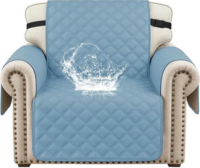 Waterproof Chair Covers for Living Room, Sofa Covers for Pets Washable with Side Pockets, Non Slip Couch Covers for Dogs, Quilted Dog Couch Cover with Elastic Straps (Armchair, Aqua Blue) by CYCMACOHOME