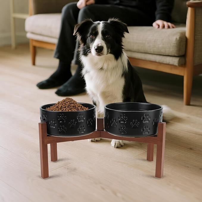 SPUNKYJUNKY Ceramic Elevated Dog Bowl Set with Acacia Wood Stand for Food and Water for Medium Dogs (42.27 OZ, Black, Dog Paw Pattern) - Image 6