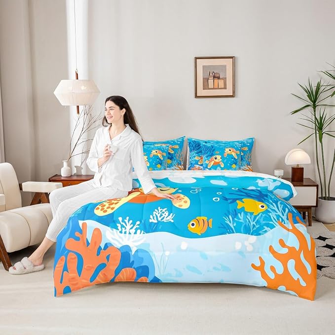 Erosebridal Cute Turtle King Size 7-Piece Bedding Set for Home Decor, Ocean Life Tortoise Bed in A Bag, Underwater World Sea Animal Comforter Set with Sheets, Colourful Coral Bedding Comforter Sets - Image 6
