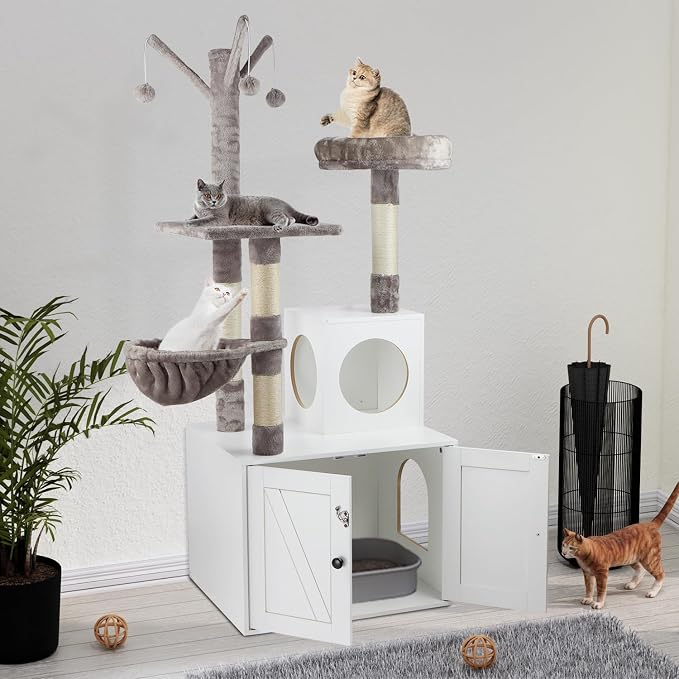 Timberer Litter Box Enclosure with Cat Tree, 2-in-1 Hidden Litter Box Furniture with Scratching Post, Modern Cat Condo, White - Image 8