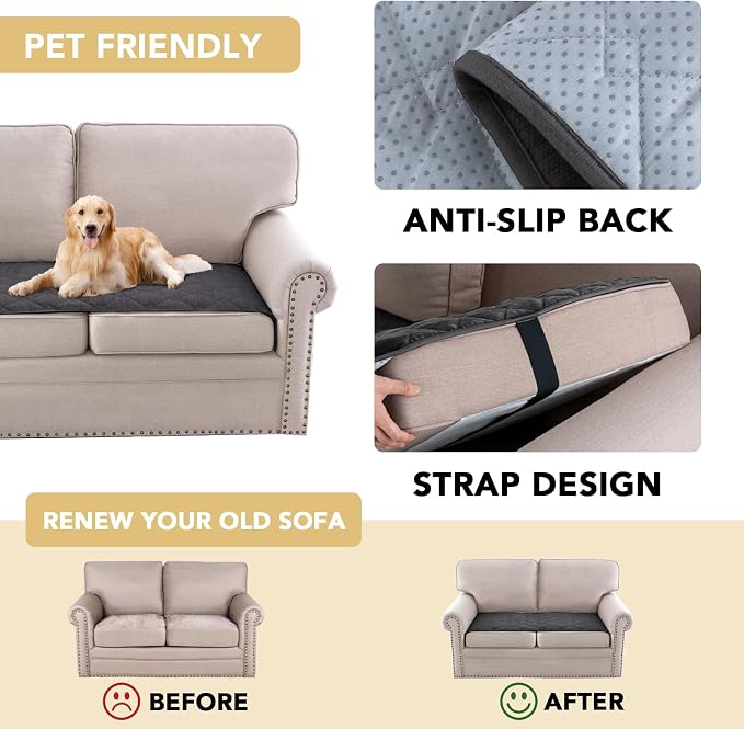 H.VERSAILTEX Couch Cover Chenille Pet Fuzzy Sofa Covers for 2 Cushion Couch Anti Slip Washable Sofa Slipcovers with Strap Soft Couch Protector Cover for Dogs Cats Kids(27.6" x 59", Grey) - Image 4