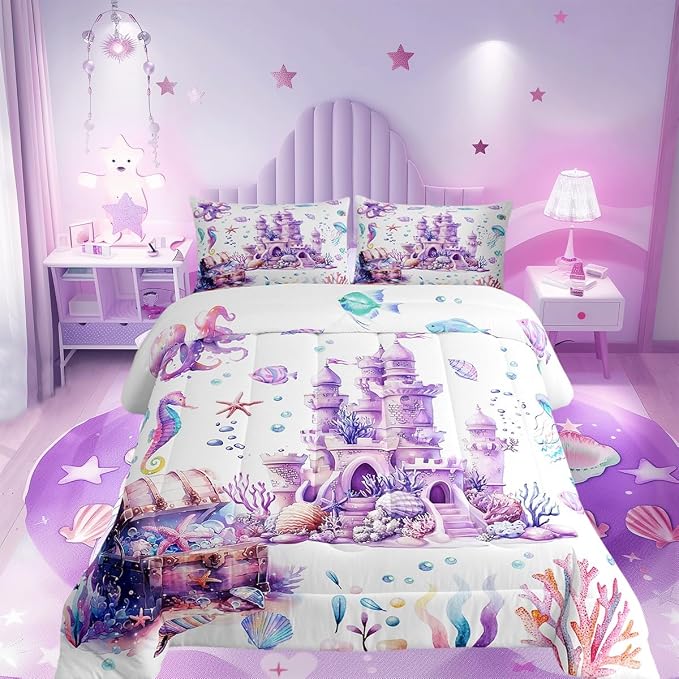 Manfei Kawaii Fairy Tale Purple King Size Comforter/Duvet Set,Dreamy Castle Ultra Soft Bed Collection,Watercolor Coral Sealife Bedding for Room Decor 3 Pcs,Microfiber Breathable by Manfei