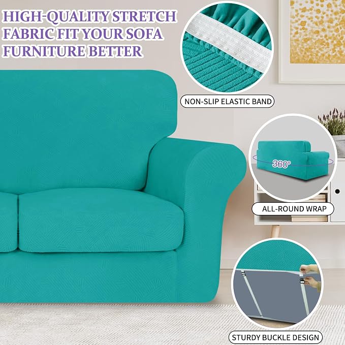 ZNSAYOTX 4 Piece Stretch Sofa Covers (71"-91"), Thick Striped Couch Covers for 3 Cushion Sofa with Elastic Band Bottom Ties Non-Slip Stay in Place, Soft Durable Washable Couch Slipcovers, Peacock Teal - Image 4