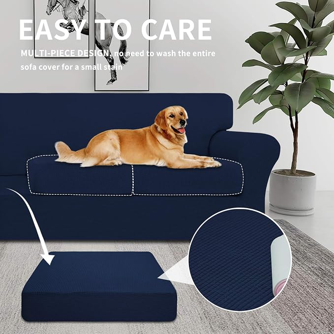 Easy-Going 4 Pieces Stretch Couch Cover Sofa Cover for Dogs Washable Sofa Slipcover for 3 Separate Cushion Couch Spandex Jacquard Fabric Elastic Furniture Protector for Pets, Kids (Navy, Sofa) - Image 3