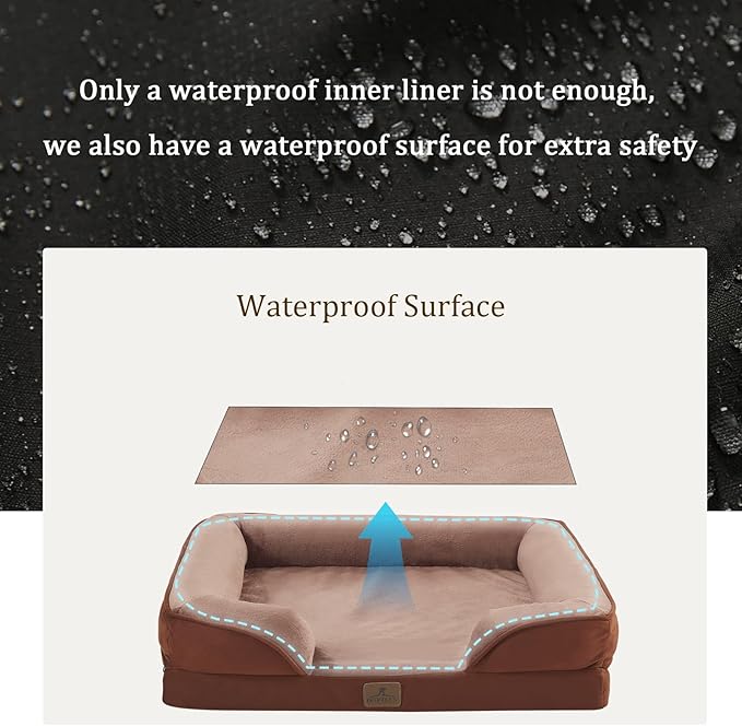 Bedfolks Orthopedic Dog Bed XL, Waterproof Dog Sofa Bed for Extra Large Dogs, Egg Foam Pet Couch Bed with Removable Washable Cover and Nonslip Bottom, Brown - Image 3