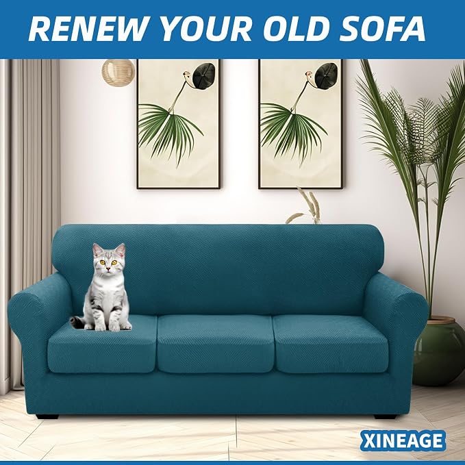 XINEAGE New 4 Pieces Extra Large Couch Covers for 3 Cushion Sofa Super Stretch Sofa Cover for 3 Large Seat Cushion Universal Slip Cover for Living Room (Peacock Blue), 91"-110"(3 Cushions) - Image 4