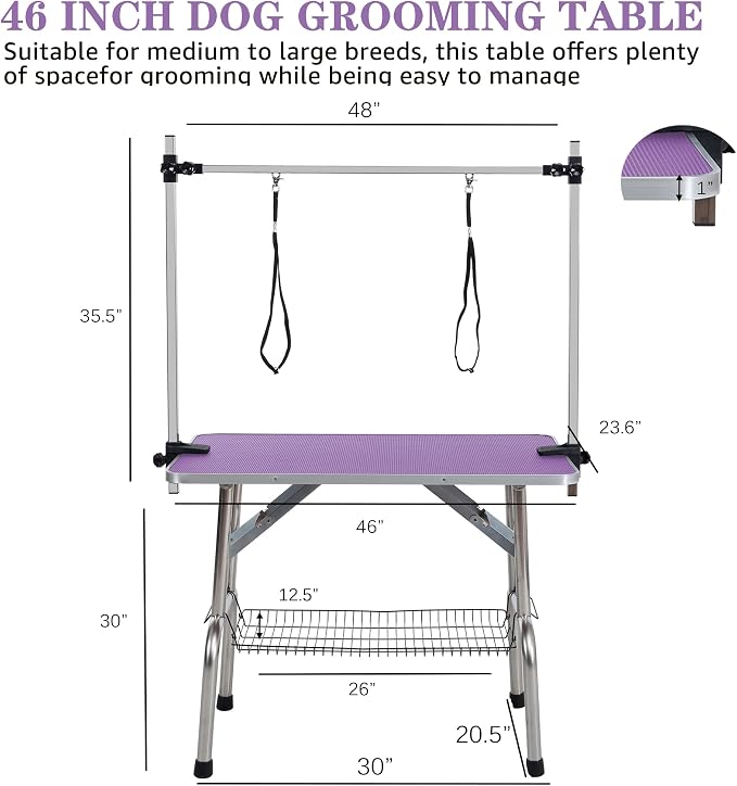 Professional Dog Pet Grooming Table Adjustable Heavy Duty Portable w/Arm & Noose & Mesh Tray (Purple, 46") - Image 5