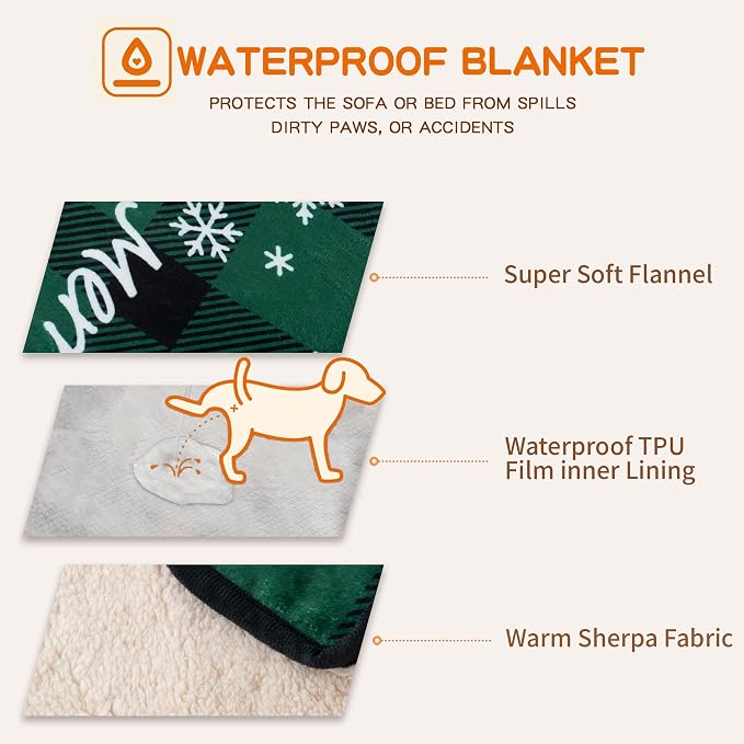 Waterproof Dog Blankets Pet Blanket 50"x60", Soft Fluffy Sofa Car Bed Protector, Reversible Sherpa Fleece Dog Blanket for Large Dogs Christmas Decor(Christmas Green) - Image 3