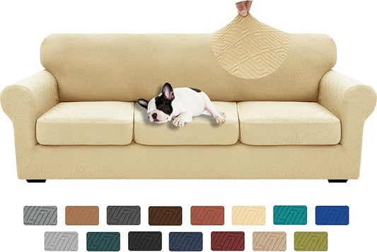 XINEAGE 2026 New 4 Pieces Extra Large Couch Covers for 3 Cushion Sofa Super Stretch Sofa Cover for 3 Large Seat Cushion Universal Fitted Slip Cover for Living Room (Beige), 91"-110"(3 Cushions) by XINEAGE