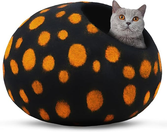 Woolygon Premium Felt Cat Cave Bed – Wool Kitty Beds Handcrafted Kitten Caves Bed for Indoor Cats - Made from Merino Wool, Foldable Cat Hideaway Covered Cat House Pod (Black Polka) by Woolygon