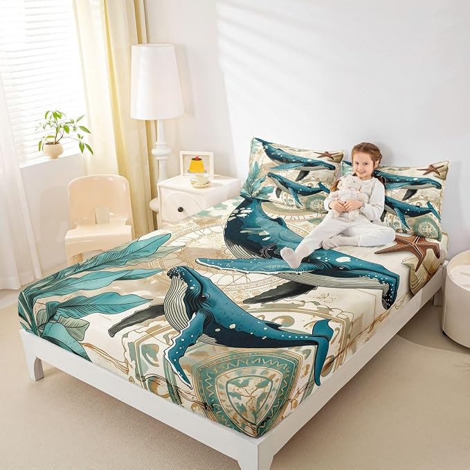 Erosebridal Ocean Whale Sheet Set Kids Boys Girls Nautical Bedding Children Coastal Sea Animal Bed Sheet Set,Soft Home Cozy Microfiber Bed Set-3pcs (1 Fitted +1 Flat+1 Pillowcases),Twin,Teal Brown - Image 5