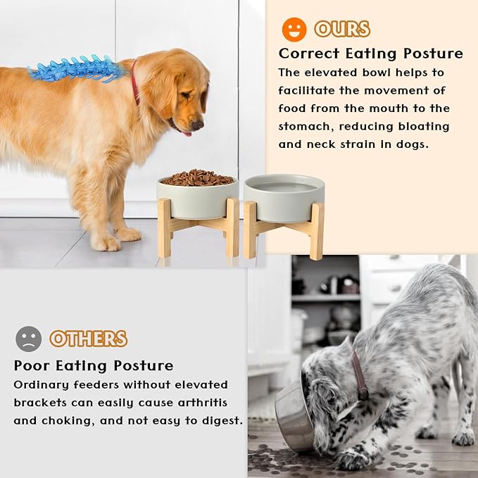 SPUNKYJUNKY Ceramic Elevated Dog Bowls 2 Pack - 8.3inch Raised Dog Bowls with Non-Slip Wooden Stand for Large Dogs Dishwasher Safe(Grey,60OZ*2) - Image 3