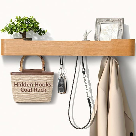 Coat Rack Wall Mount with Hidden Hooks Modern Key Holder Wood Entryway Hook with Shelf for Bedroom Kitchen Hallway Bathroom Designed for Hanging Coats Hats Bags Towels Dog Leashe(Oak,8 Hooks) by Jadoxy