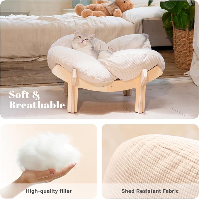 CHEERHOME PETS Elevated Cat Bed Wooden with Cushion Fluffy Pet Couch Sofa for Indoor Cats Raised Kitty Lounge Chair Suitable for Puppy, Cat Furniture(White) - Image 3