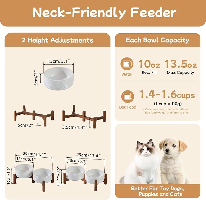 Havniva Elevated Dog Bowls, Ceramic Raised Dog Bowl with Stand | 5.1” Dog Food Bowls Elevated, Dog Food and Water Bowl Set, Non-Slip Acacia Wood Stand, Small Dogs Bowl, 1.6 Cups 13.5 oz - Image 2