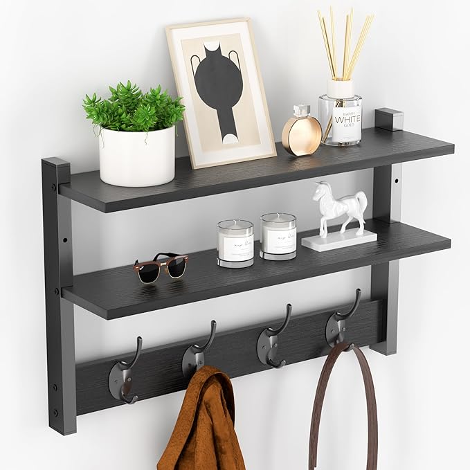 Two-Tier Wall Shelf with Hooks, 17" Coat Rack Wall Mount with Shelf, Entryway Key Hooks for Wall with Heavy Duty Double Hooks, Coat Hook Wall Mounted for Bedroom, Living Room, Black by Orapoke