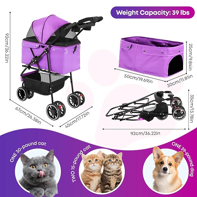 Pet Stroller,Dog Stroller for Small Medium Dogs Cats,3 Wheels,Foldable,with Breathable Mesh Canopy,Cup Holders,Easy Assembly,Purple