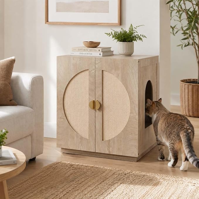 unipaws Cat Litter Box Enclosure for Self-Cleaning & Automatic Litter Boxes | Extra Large Cabinet with Charging Station, Wooden Dog Proof Hidden Cat House for Top Entry Litter Box - Image 6